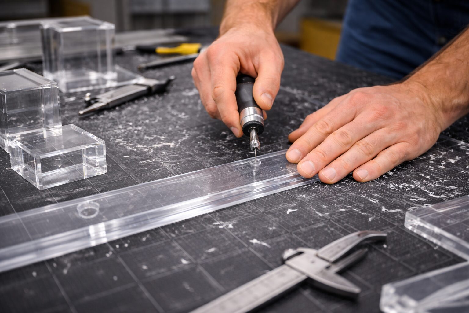 Fabrication professionnelle de supports en plexiglass — artisan en train de percer une plaque acrylique dans un atelier spécialisé: