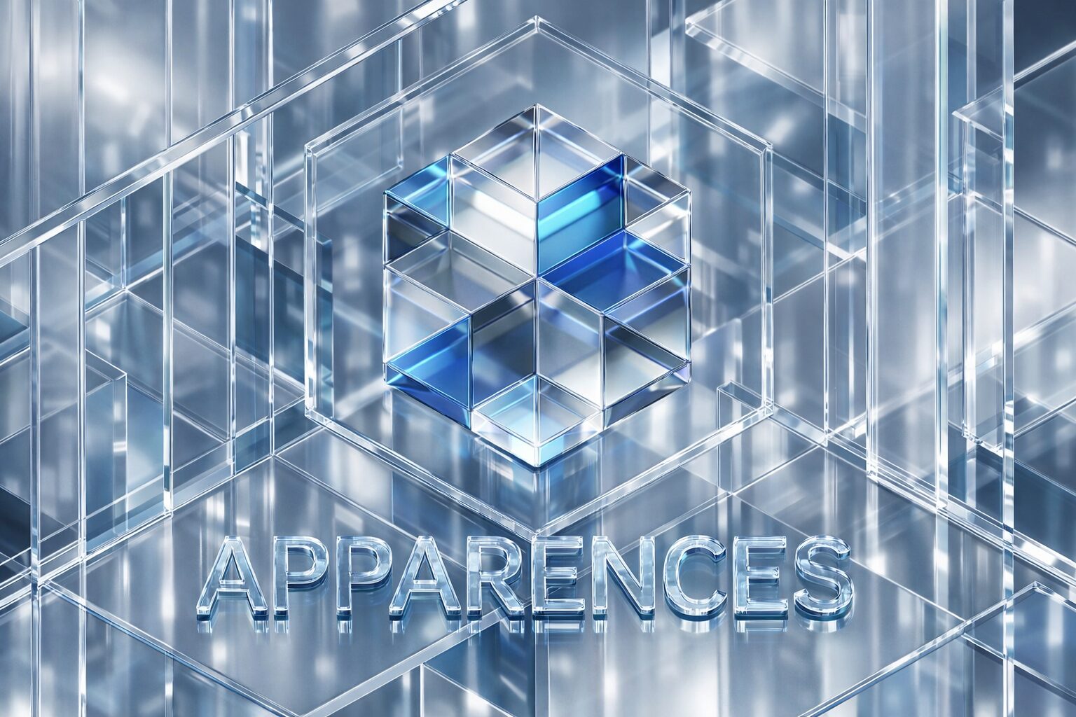 Logo géométrique en plexiglass bleu dans un univers futuriste transparent, avec le mot APPARENCES en lettres 3D.