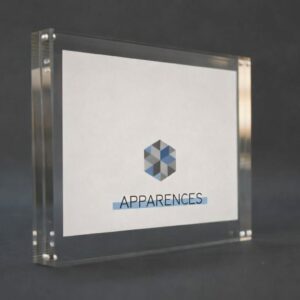 Bloc magnétique en plexiglas transparent avec feuille blanche et logo Apparences