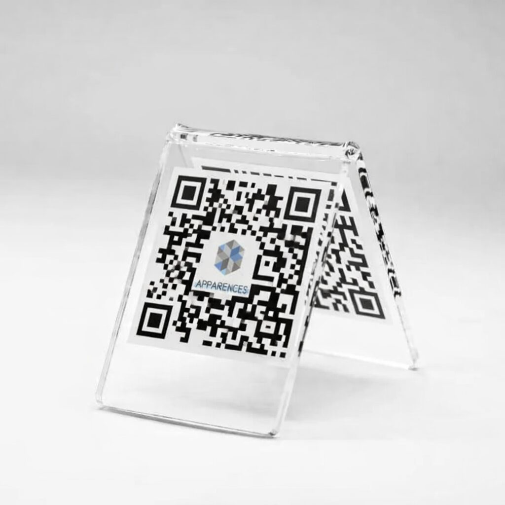 Chevalet QR Code grand format en plexiglas transparent pour affichage en magasin