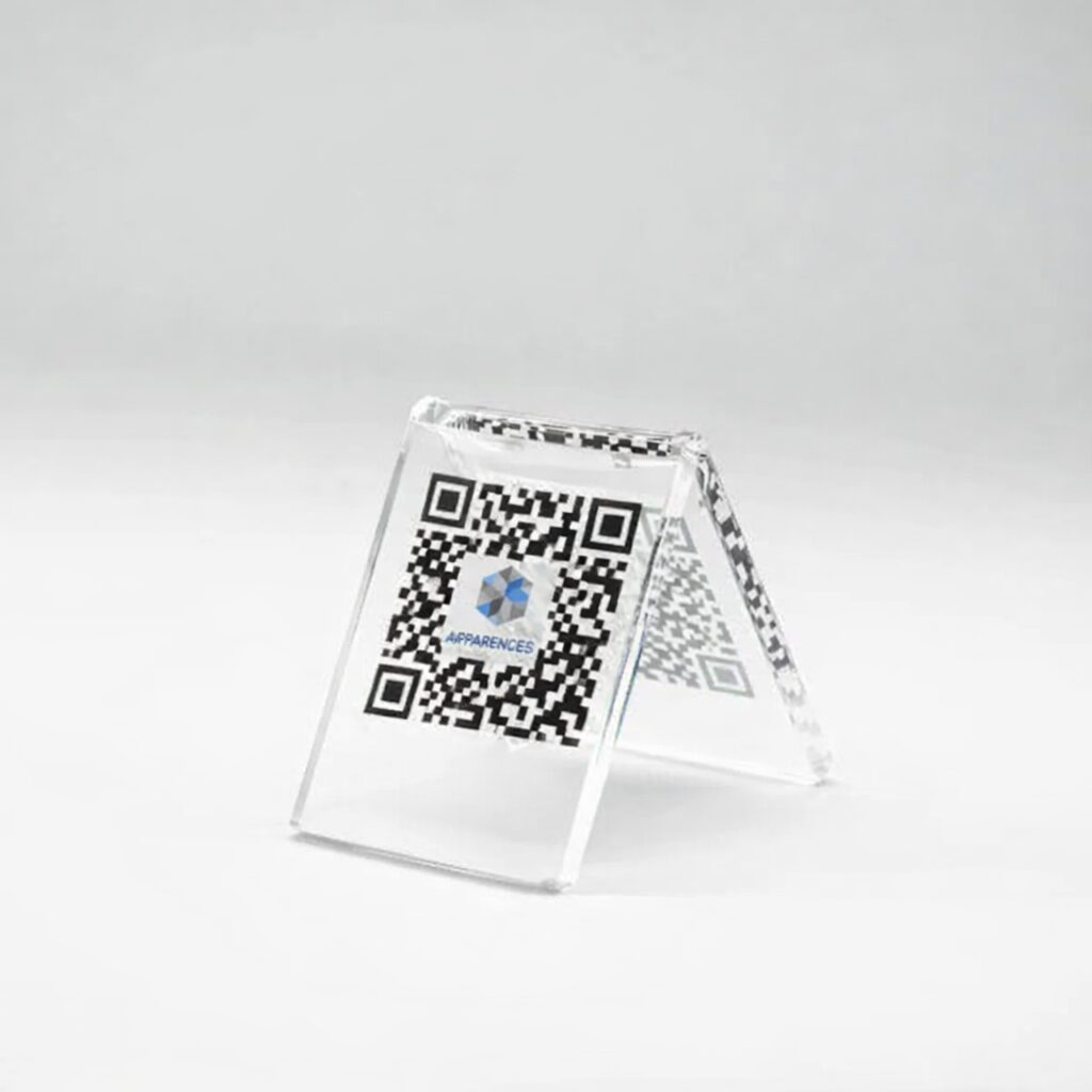 Chevalet QR Code petit format en plexiglas transparent pour table ou comptoir